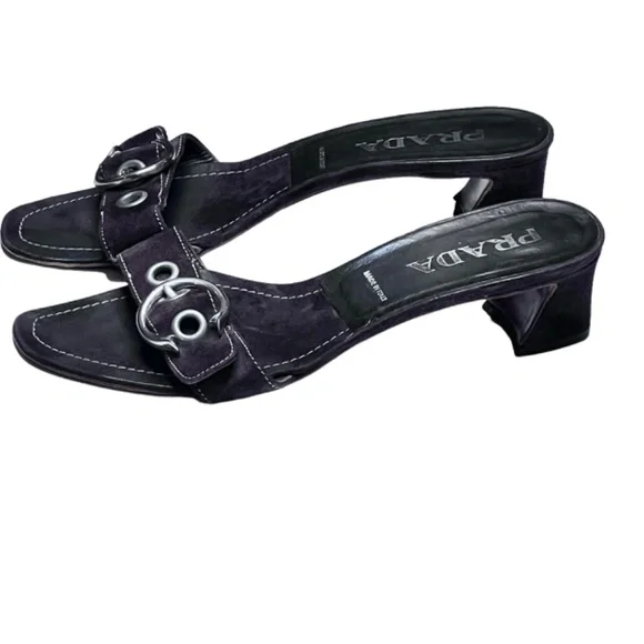 Prada Low Block Heel Buckle Strap Slide On Suede Leather Sandal - Picture 3 of 15